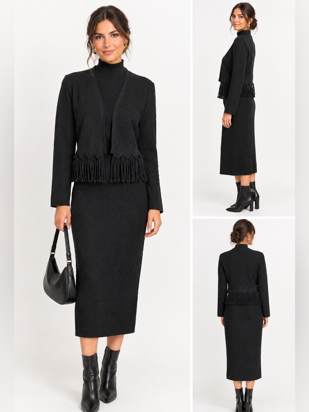 Vintage Maggy London black mock neck knit bodycon midi dress with fringe vest XS